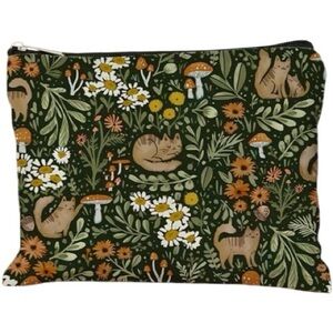 Woodland Cat Forest Floral Makeup Bag Linen Blend Cosmetic Toiletry Travel Pouch